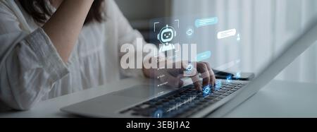 Modern AI chatbot service dashboard featuring 24 7 automated AI support, voice recognition, and omnichannel NLP AI communication. Customer experience Stock Photo
