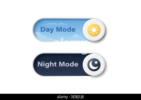 Vector 3d Day Mode and Night Mode Toggle Switch Set. Light and Dark Theme UI Buttons with Sun and Moon Icons. App Interface Control Element for Web Stock Vector