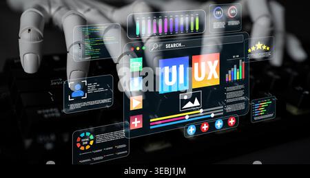Futuristic User Interface Design with Robotic Hands Interacting with UI UX Elements and Digital Data Visualization on a Keyboard and Screen Quark. Stock Photo