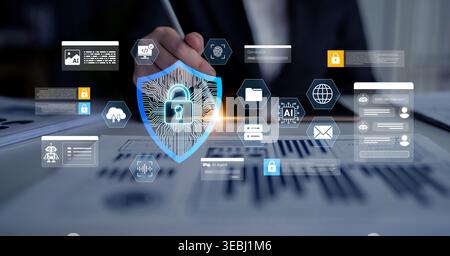Visual representation of digital security concepts, featuring lock symbols and network graphics, emphasizing encryption and data protection strategies Stock Photo