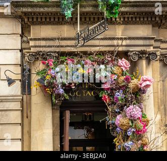 Elegant entrance of The Botanist restaurant Milsom street Bath adorned with colorful floral decorations on a classic stone building facade Stock Photo