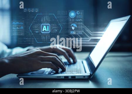 Hands Typing on Laptop Surrounded by Futuristic AI Technology and Data Visualization Elements for Modern Digital Innovation Concept Sigmoid Stock Photo