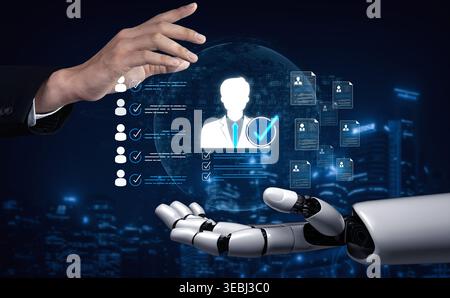 Human and Robot Collaboration in Future Work Environment Showcasing AI Integration and Digital Interfaces with Data Visualizations and User Stock Photo