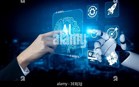 Futuristic Interaction Between Human Hand and Robotic Hand with AI Technology Interface Featuring Digital Icons and Symbols Quark. Stock Photo