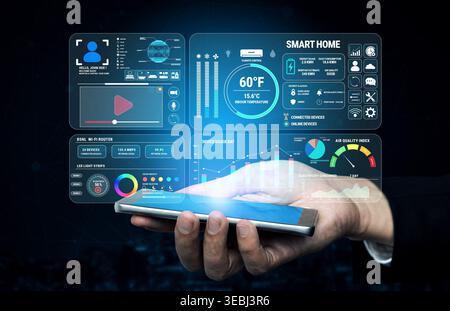 Modern Hand Holding Smartphone Displaying Smart Home Data Analytics and User Interface for Connected Devices in Dark Background Fluxor. Stock Photo