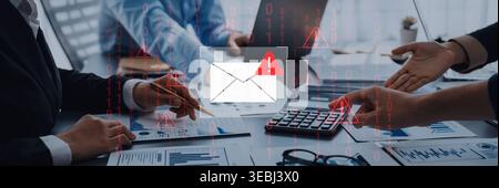 Phishing email alert concept showing digital envelope with warning sign represents data theft, network breach, and email security threats. Parse Stock Photo