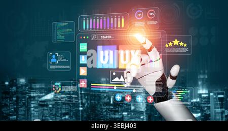 Futuristic Human-Like Robot Hand Interacting with User Interface Graphics and Digital Elements in Urban Night Skyline Background Quark. Stock Photo