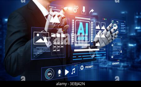 Futuristic Businessman Interacting with Advanced Artificial Intelligence Technology and Digital Interface Displaying Data and Graphics Quark. Stock Photo