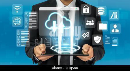 Cloud upload and download icon with surrounding data management, security, and analytics icons in digital interface Parse Stock Photo
