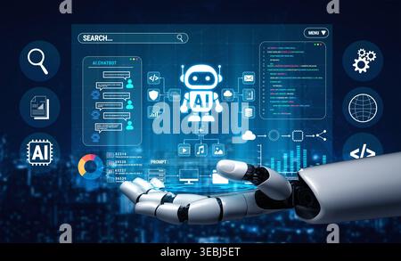 Futuristic Robot Hand Interacting with AI Interface Displaying Data Visualization and Chatbot Features in a Technology Environment Fluxor. Stock Photo