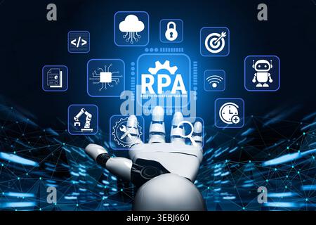Robotic Process Automation Concept Featuring Robotic Hand Surrounded by Digital Icons Representing Automation, Technology, and Connectivity Fluxor. Stock Photo