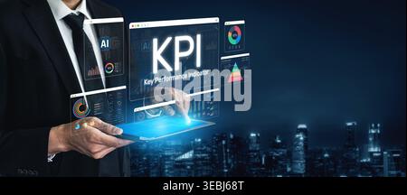 Business Professional Analyzing Key Performance Indicators Through Digital Interfaces and Technology in a Modern Cityscape at Night Sigmoid Stock Photo