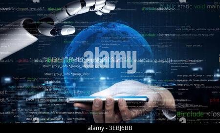 A robot hand reaches towards a digital globe as a human hand holds a smartphone, visually representing the intersection of technology, innovation, and Stock Photo