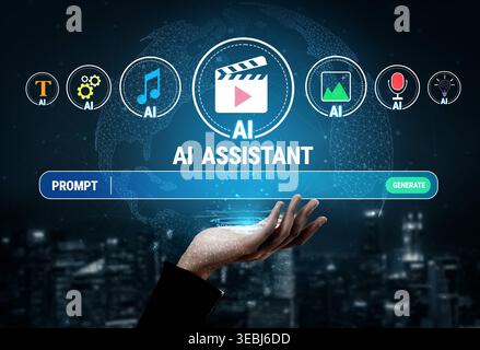 Futuristic Digital Interface with AI Assistant Showcasing Multimedia Options and User Interaction Design Elements Quark. Stock Photo