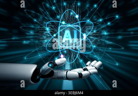 Futuristic robotic hand reaching out towards a glowing AI symbol surrounded by vibrant technological elements and digital connections in a sci-fi Stock Photo