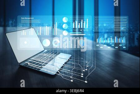 A modern laptop showcases innovative data management features, displaying various graphs and charts in a sleek office setting, symbolizing advanced Stock Photo
