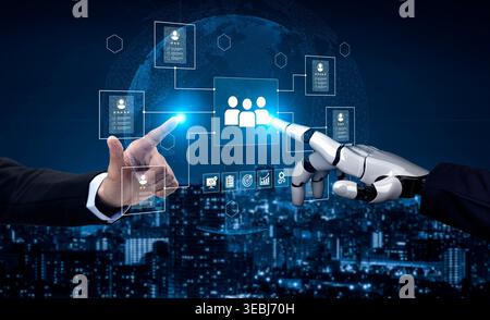 A businessman and a robotic hand reach out to connect with a digital data interface, symbolizing the blend of human interaction and technology against Stock Photo