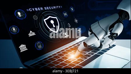 Futuristic robotic hand working on laptop displaying cyber security icons and elements on screen in modern technology environment Fluxor. Stock Photo