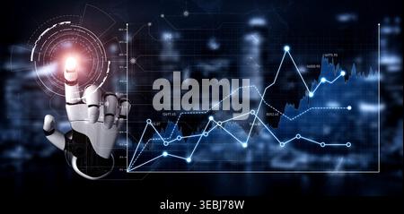 A close-up of a robotic hand engaging with virtual data graphs, highlighting the intersection of advanced technology and data-driven decision-making Stock Photo