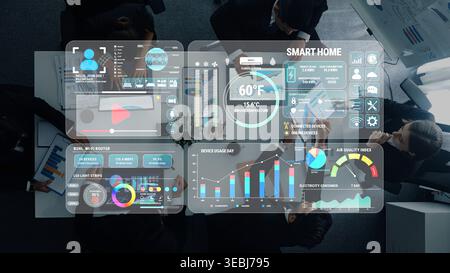 Futuristic Interface Displaying Smart Home Management Data with Graphs, Alerts, and User Controls in a Modern Work Environment Fluxor. Stock Photo
