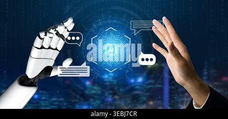 A compelling image illustrating the collaboration between human and robot hands, symbolizing communication and advancements in artificial intelligence Stock Photo