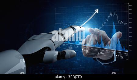 A robotic hand engages with a digital screen showcasing financial data, charts, and growth trends, representing the intersection of technology and Stock Photo