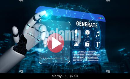 Robotic Hand Interaction with Digital Content Creation Interface and Multimedia Generation Tools in Futuristic Environment Quark. Stock Photo