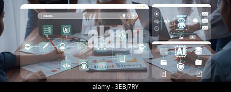 Conceptual illustration of artificial intelligence integration in business operations showcasing teamwork, data analysis, and emerging technology Stock Photo