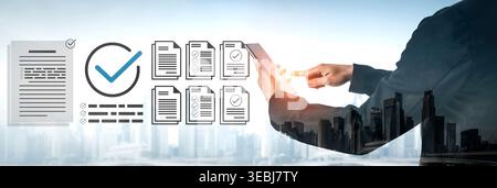 A businessman interacts with digital documents on a tablet, symbolizing modern workflow automation and document verification against an urban skyline Stock Photo