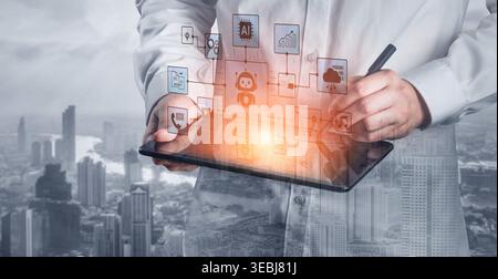AI agents orchestrate workflows across prompts, media, email and analytics. AI coordinates tasks, strengthens operations, and improves efficiency for Stock Photo