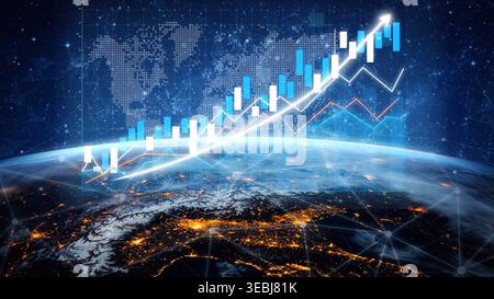This image depicts a futuristic digital data visualization over Earth, featuring upward trends in charts and graphs that symbolize global economic Stock Photo