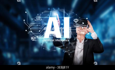 A man in a virtual reality headset engages with artificial intelligence concepts in a modern, tech-driven setting, illustrating the fusion of human Stock Photo