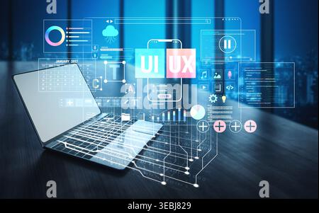 Modern Laptop with User Interface and User Experience Design Elements in a Digital Workspace Environment Fluxor. Stock Photo