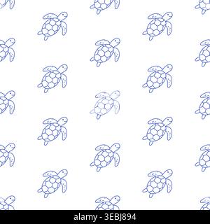 Seamless pattern with sea turtles in blue line style on white background. Outline ocean life print.  Stock Vector