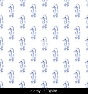 Seamless pattern with seahorses in blue line style on white background. Outline ocean life print.  Stock Vector