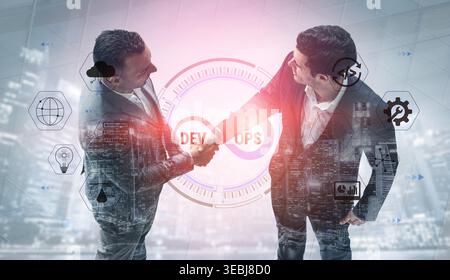 Professional Business Partnership in DevOps with Two Businessmen Shaking Hands Against a Futuristic City Background and Technology Icons Quark. Stock Photo