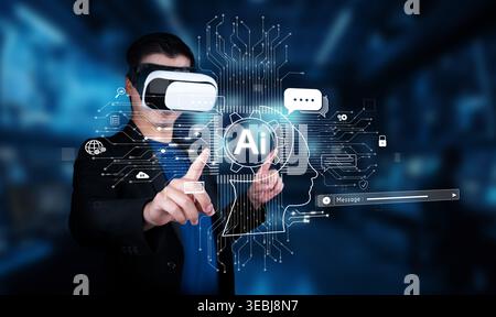 A man engages with an immersive virtual reality environment, highlighting the role of artificial intelligence and chatbots in modern technology and Stock Photo