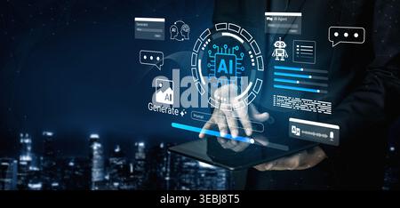 Explore the world of artificial intelligence with this captivating image showcasing a tablet surrounded by digital icons and data visualizations in a Stock Photo