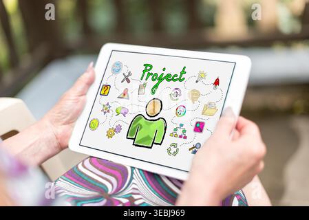 Project concept shown on a tablet held by a woman Stock Photo