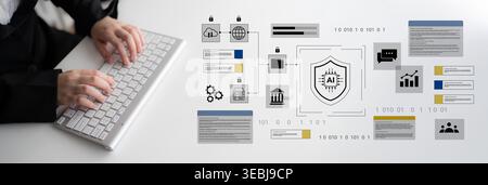 Explore the world of cybersecurity with this image showcasing a keyboard, data protection elements, and a shield icon representing digital security Stock Photo