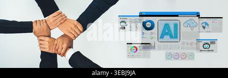 Collaboration and Teamwork Concept Featuring Diverse Hands Overlaid with Artificial Intelligence Visuals and Data Analysis Graphics Sigmoid Stock Photo