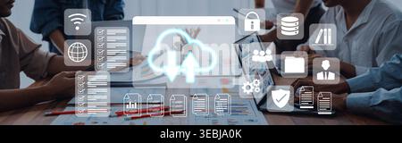Cloud upload and download icon with surrounding data management, security, and analytics icons in digital interface Parse Stock Photo