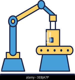 Simple flat vector illustration of an industrial robotic arm automation machine on a factory assembly line with yellow and blue colors isolated on whi Stock Vector