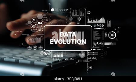 Futuristic Data Evolution Concept with Hands on Keyboard and Digital Graphics Displaying Information Analysis and Technology Trends. Asymptotic smart Stock Photo