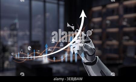 A futuristic robot hand points to upward graphs and arrows, representing growth and innovation in a sleek digital business environment, emphasizing Stock Photo