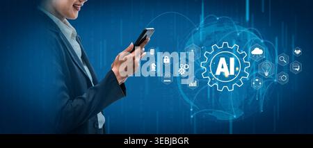Business Professional Using Smartphone with AI Technology Icons in Background Symbolizing Innovation and Digital Transformation in Modern Economy Stock Photo