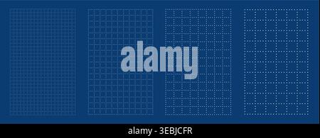 Blueprint grid set dot lattice geometry, four scale variations. Wide medium dense micro spacing comparison, engineering layouts dashboards notebook pages interface planning systems technology graphics Stock Vector
