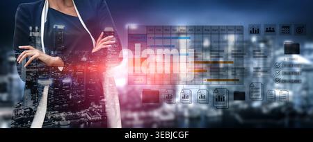 Digital visualization of multiple project timelines with progress tracking, documents, and team collaboration symbols Parse Stock Photo