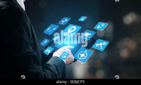 GPS icons show navigation, GPS tracking, and location. GPS supports real time maps, direction, and GPS navigation services for mobility and transport Stock Photo