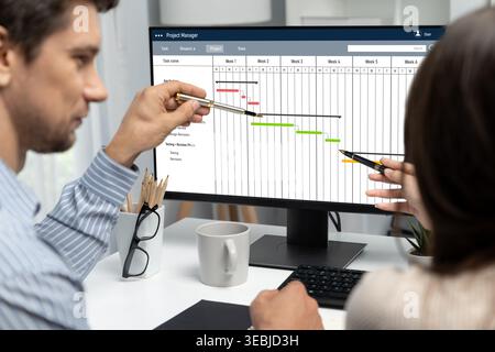 Project planning software for brisk business project management on the computer screen showing timeline chart of the team project Stock Photo